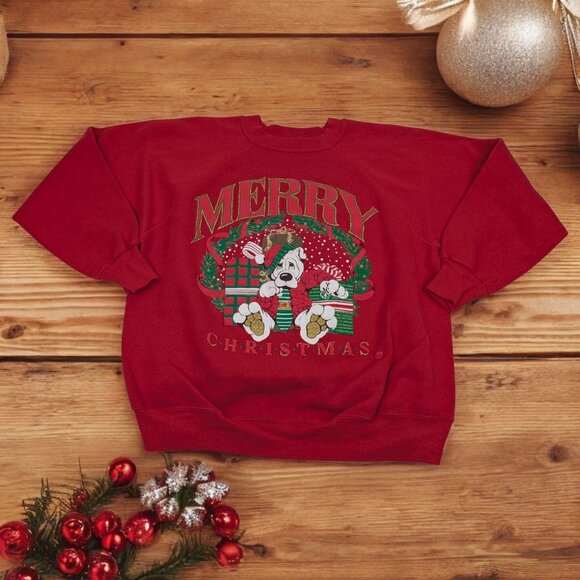 Vintage 90s Red‎ Holiday Sweatshirt Womens XL Ugly Christmas Dog Sweater - Picture 1 of 12